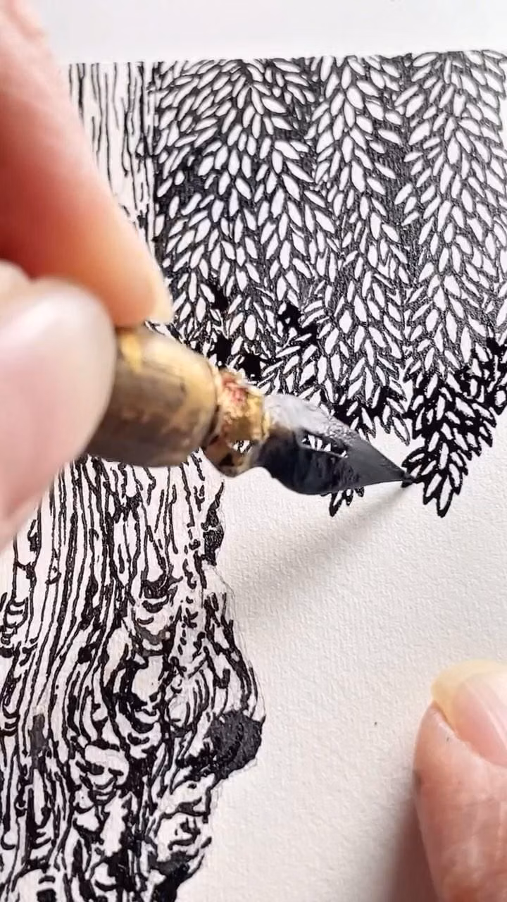 dip pen nib ink close up photograph - This was meant to be the swatch page where I test my ink and clean my pen but got carried away. I found the first dip pen I ever bought and it is a lot of fun, although it randomly makes delicious ink blobs. It used to bother me so I stopped using it, but now I very much like the effect. It brings out inks inky nature and adds interest. It also gives me some spontaneity in how I draw.