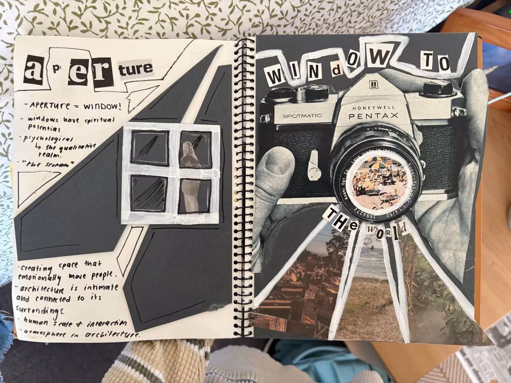 annotated sketchbook page overhead photograph -