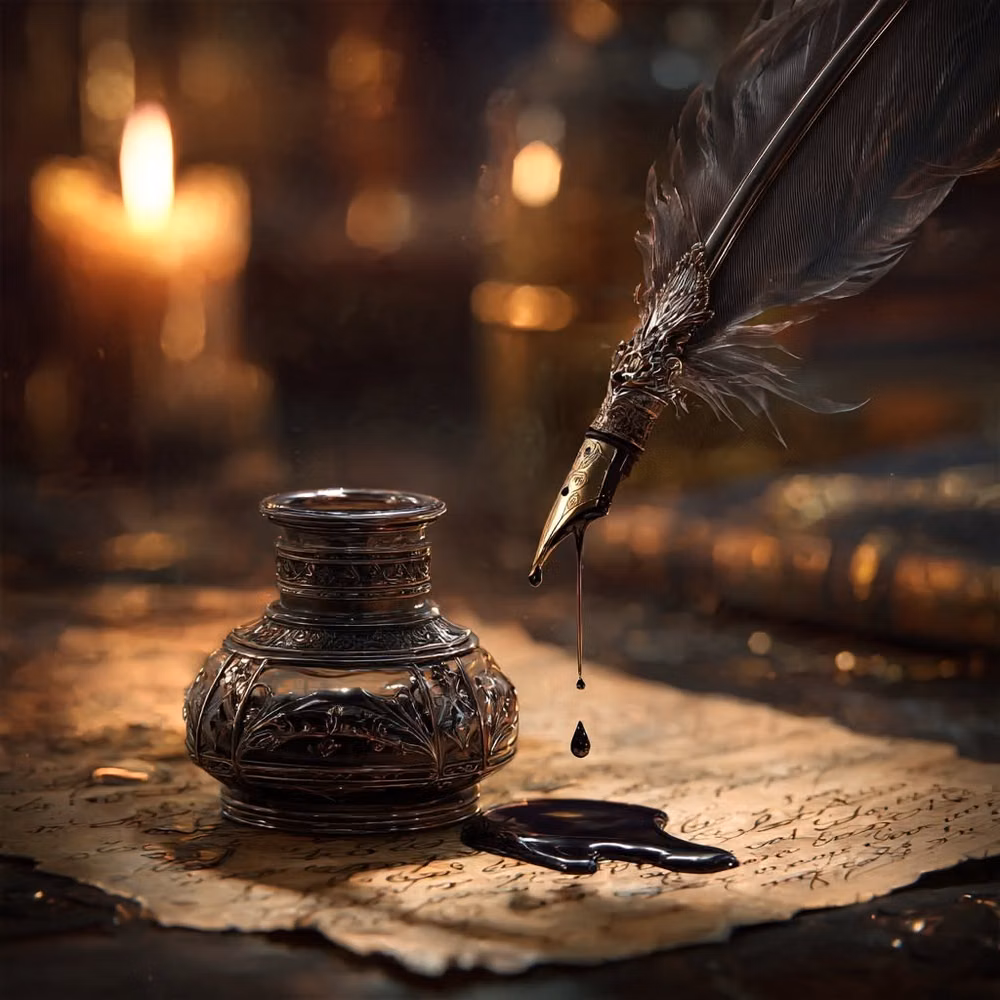 quill pen ink well parchment photograph - 
