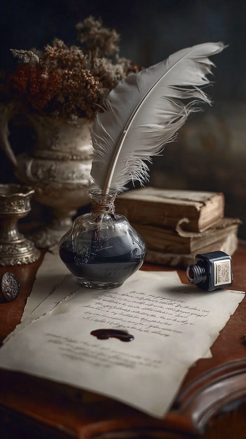quill pen ink well parchment photograph -