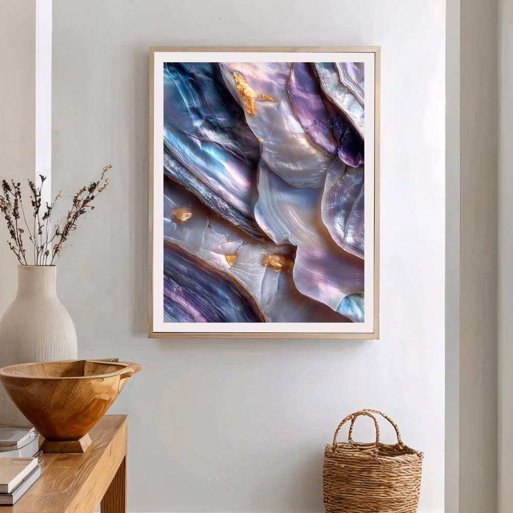 mother of pearl surface macro photograph - Observe the ethereal dance of light across the nacreous surface. This extreme macro photograph captures the sublime intricacies of a mother of pearl shell, revealing flowing layers that shimmer with an iridescent glow. Aqua, lavender, and silver tones intertwine, accented by subtle golden flecks, creating a luminous, hypnotic texture that seems to shift and breathe before your very eyes.  The image, born from a vision of Quiet art, invites contemplation, drawing the viewer into a world of delicate beauty and organic complexity. Ultra-detailed macro photography, enhanced by cinematic lighting, transforms the mundane into the magnificent, offering a glimpse into the hidden artistry of nature. This piece is a celebration of texture and light, a testament to the serene elegance found in the sm