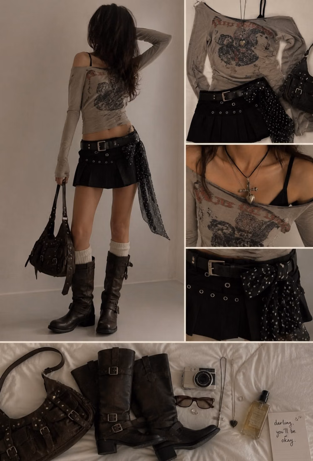 Indie Sleaze aesthetic - Moody indie sleaze outfit featuring a distressed off-shoulder graphic top, black pleated mini skirt, layered belts, chunky leather boots, and a dark vintage shoulder bag. Styled with silver jewelry, messy cool-girl energy, and early Tumblr-inspired aesthetics for the ultimate edgy Pinterest fashion vibe. A perfect mix of grunge, rockstar girlfriend, and chaotic 2000s indie fashion energy.