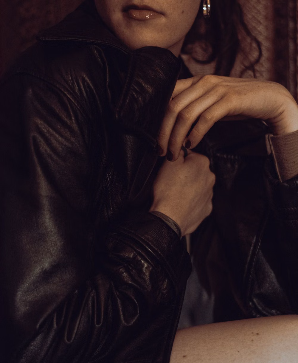 worn black leather jacket outfit photograph - Black. Leather. Jacket.