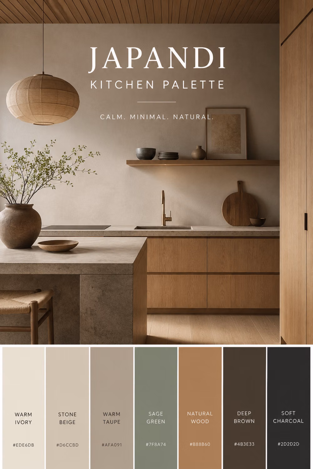 Japanese Minimalism aesthetic - Create a serene and timeless kitchen with this beautiful Japandi kitchen palette featuring warm ivory, stone beige, warm taupe, sage green, natural wood, deep brown, and soft charcoal. This Japandi color palette combines Scandinavian simplicity with Japanese minimalism to create a calm, elegant, and functional space. These neutral colors are perfect for modern kitchens, minimalist homes, and organic interiors. Use this kitchen color scheme to design a cozy and sophisticated home with natural materials, wood textures, earthy tones, and soft muted shades. Japandiinteriors embrace balance, simplicity, and warmth, making them ideal for small kitchens, modern homes, and luxury minimalist spaces. Save this palette for kitchen inspiration, home decor ideas, interior styling, and timeless color .