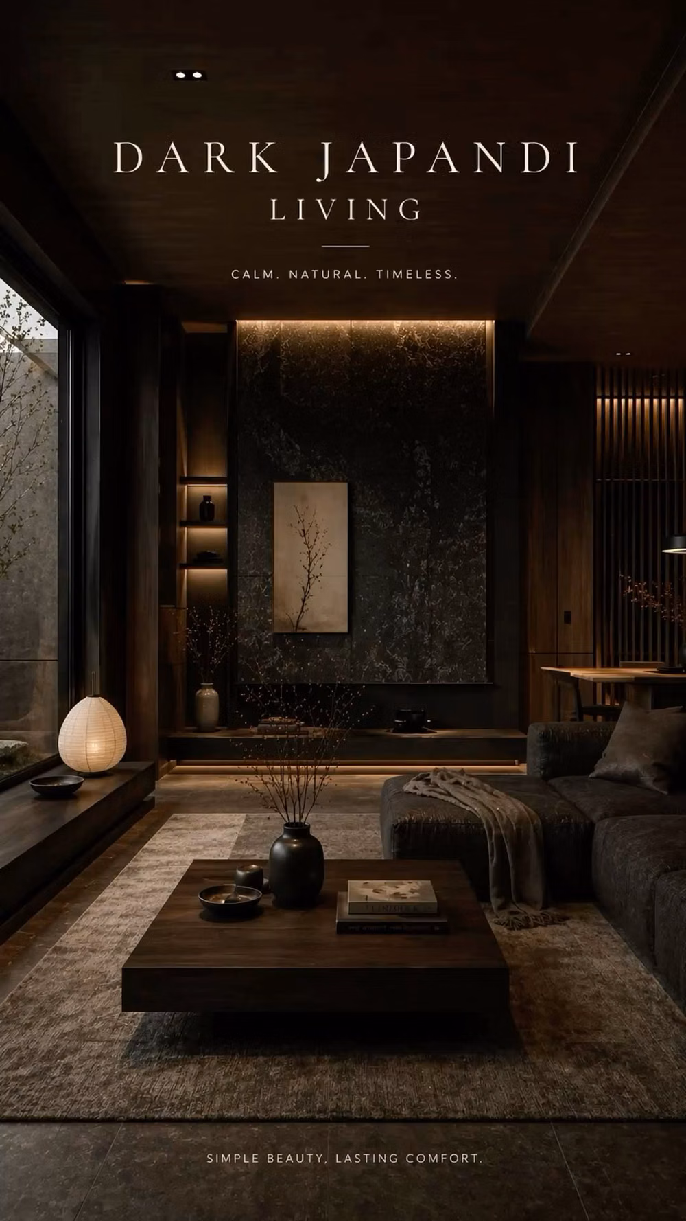 Japanese Minimalism aesthetic - Elevate your space with this stunning dark Japandi living room, where Japanese minimalism meets Scandinavian warmth. Featuring rich wood tones, soft ambient lighting, and a calming, nature-inspired layout, this luxury interior creates a serene and timeless atmosphere. Perfect inspiration for modern homes, cozy minimalist living, and high-end interior styling trends.  #JapandiLiving #DarkInterior #MinimalistHome