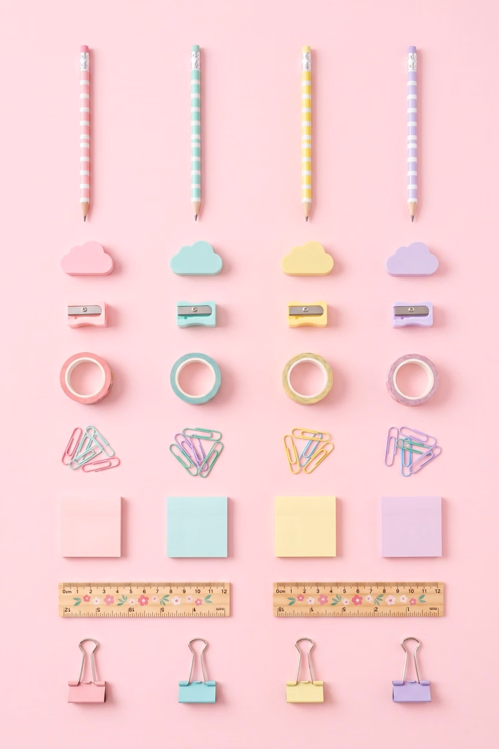 pastel Japanese stationery collection photograph - Pretty tools = happy artists! 🩷💛🩵 Every little artist deserves a setup this dreamy. This pastel stationery collection — featuring matching pencils, cloud erasers, sharpeners, washi tape, paper clips, sticky notes, and binders — is every kid's creative corner dream. Perfect for back-to-school or gifting a young art lover in your life. Organized, colorful, and oh-so-satisfying. ✨ Follow Tiny Pencil Club for more art inspiration that makes creativity feel like playtime.  #PastelStationery #KidsArtSupplies #StationeryFlatlay #BackToSchool #TinyPencilClub #CuteStationery #KidsDesk #ArtSuppliesForKids #PastelAesthetic #CreativeKids