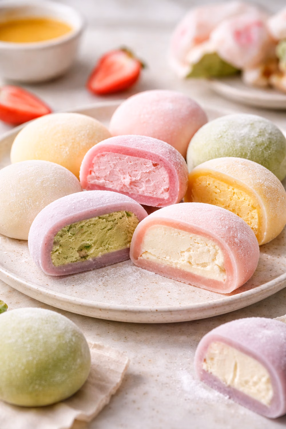 pastel mochi sweets overhead photograph - This soft and chewy mochi ice cream melts in your mouth with every bite. A perfect balance of texture and flavor — simple, elegant, and totally addictive.