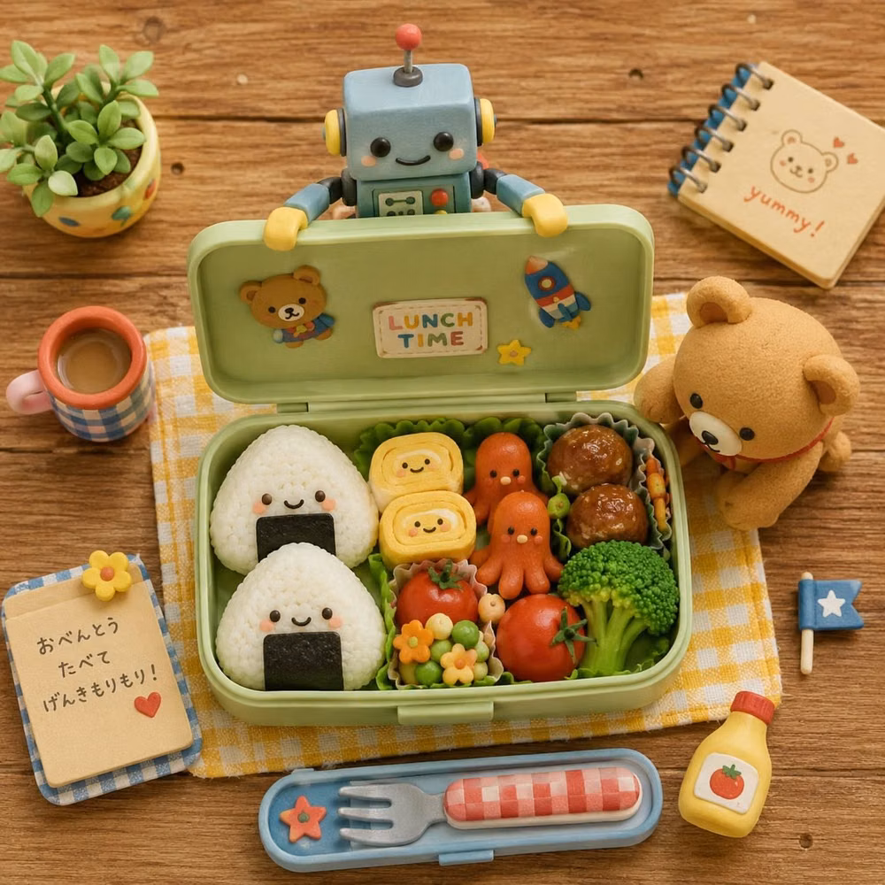 cute character bento lunch photograph - おひるの時間🍙✨  ぱかっと開けたら 小さな幸せがぎゅっとつまってた。  🤖はフタ係 🧸はチェック係👀  たまごやき、おにぎり、タコさんウインナー。 今日のごほうびランチです🍱🌷  こういう何気ない時間が いちばん落ち着くのかもしれない☕️✨