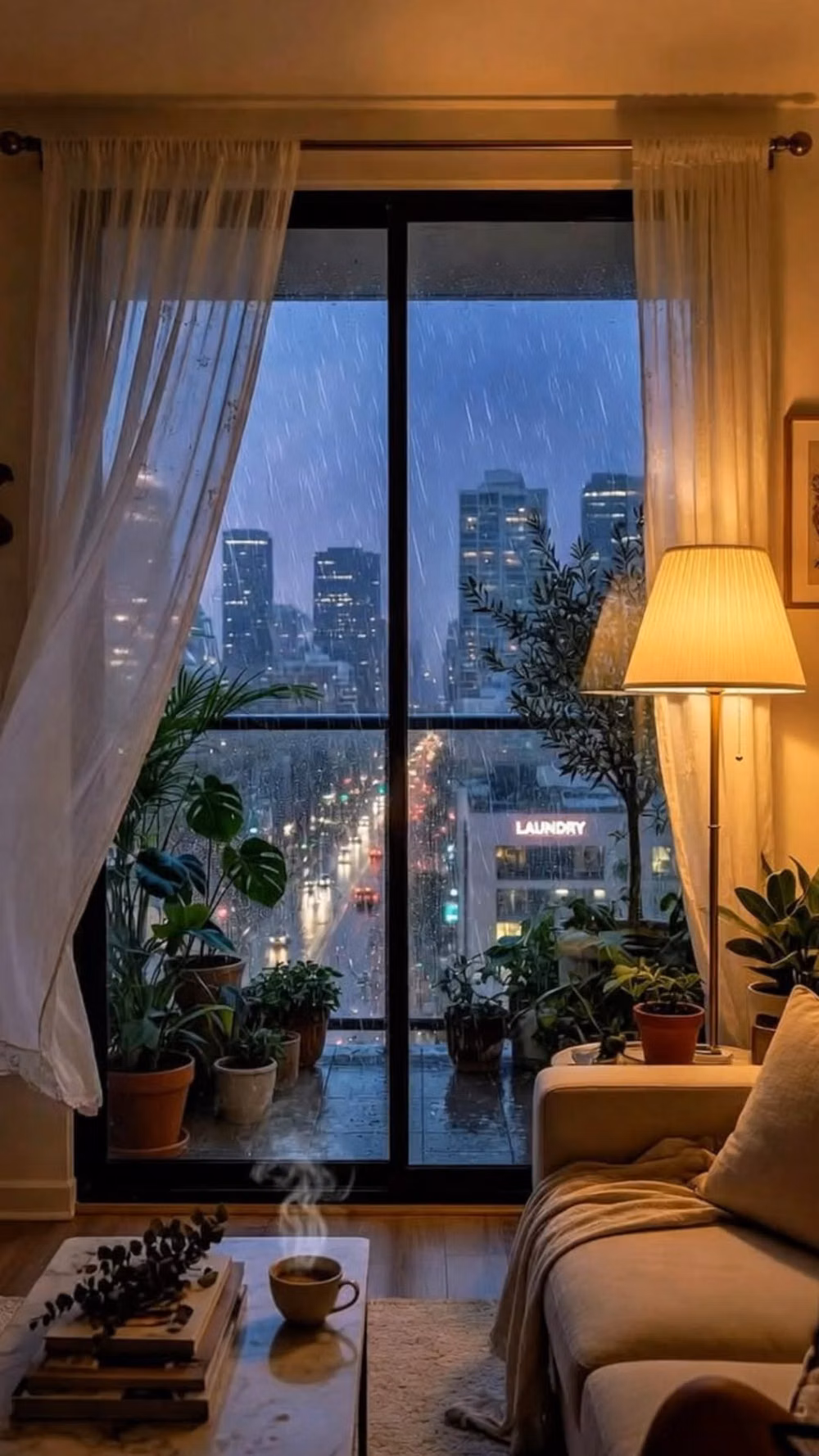 rainy apartment window city night photograph -