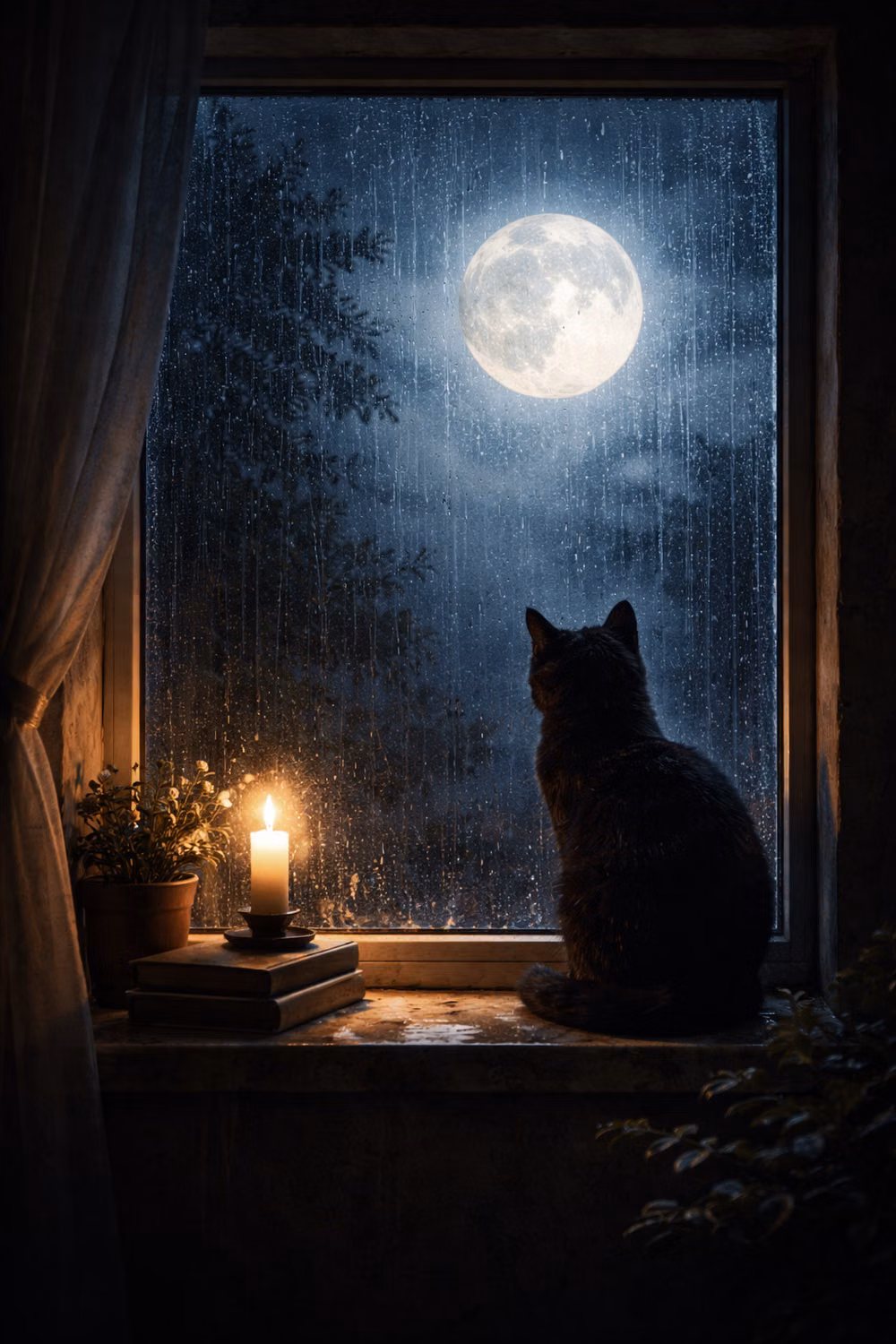 cat on windowsill rainy night photograph -