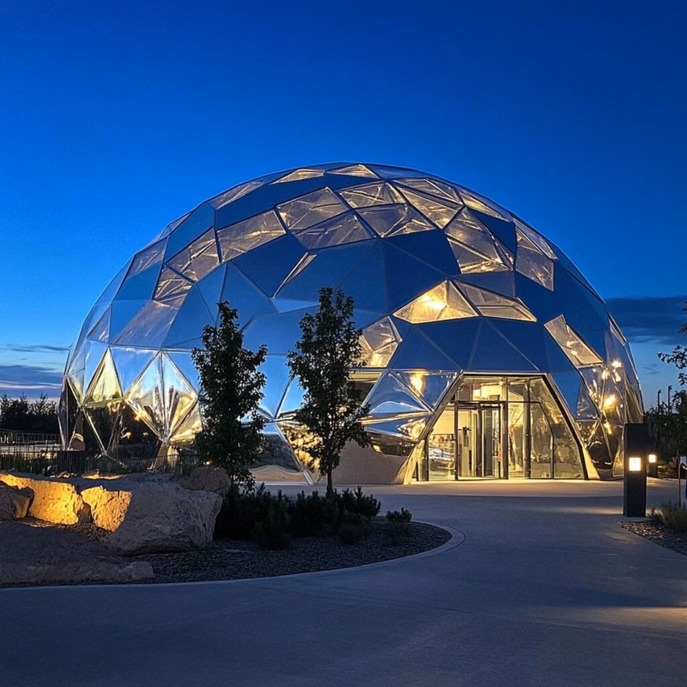 geodesic dome triangular structure photograph - This stunning geodesic dome, clad in reflective titanium panels, embodies modern architectural innovation. Titanium, known for its strength, corrosion resistance, and sleek metallic finish, is an ideal building material for structures that require both durability and visual impact. Perfect for pavilions, event spaces, or museums, this domeβs design merges form and function, creating a captivating landmark that stands resilient in any environment.