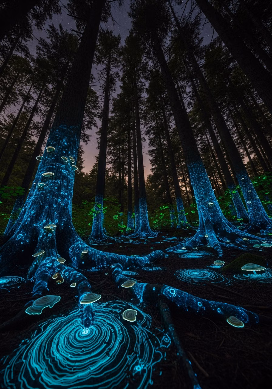 bioluminescent mushrooms forest night photograph - A surreal forest scene at night, with tall trees and exposed roots glowing with ethereal blue and green light, accompanied by bioluminescent mushrooms.