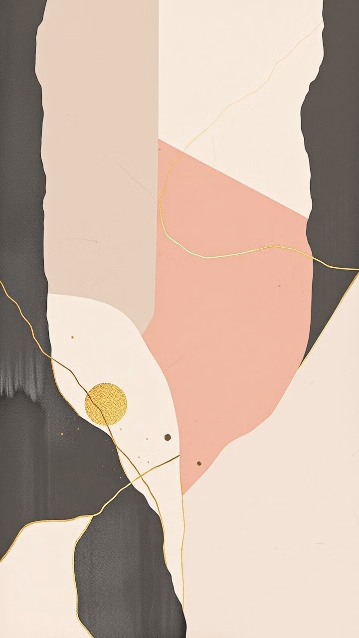 Material Design aesthetic - Modern abstract art with a minimalist touch — muted pastels, rough textures, and fluid lines. Organic shapes blend with sharp angles, evoking calmness and introspection. Splashes of gold leaf add a subtle sense of luxury.