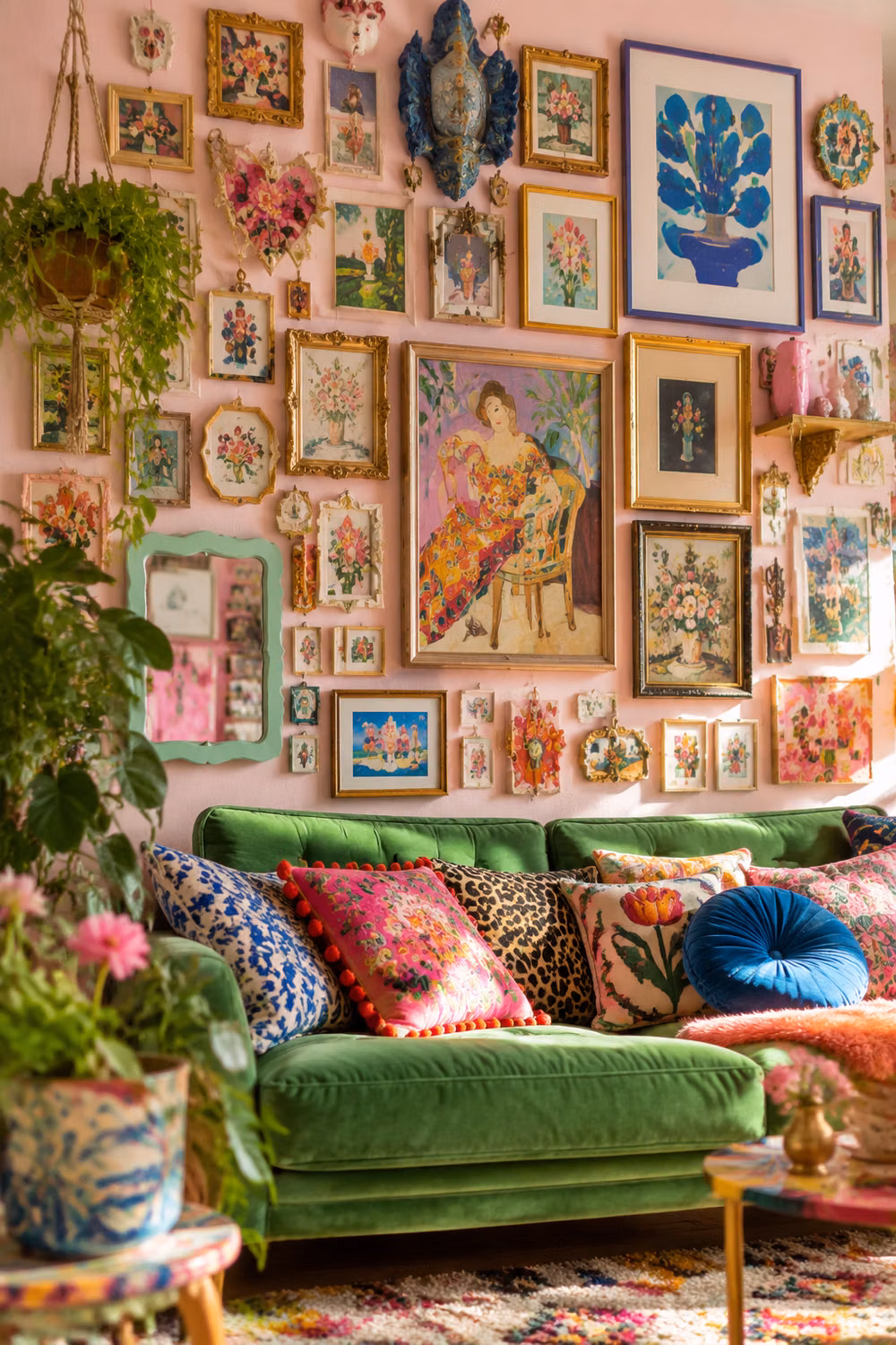 Maximalism aesthetic - This is maximalism done right: an emerald green velvet sofa piled with leopard, floral, and pompom pillows against a blush pink wall covered in a floor-to-ceiling vintage gallery wall. Trailing plants and a patterned rug add even more layers of color and pattern. Save it for bold maximalist decor ideas, dopamine-decor color mixing, or planning your own eclectic gallery wall.