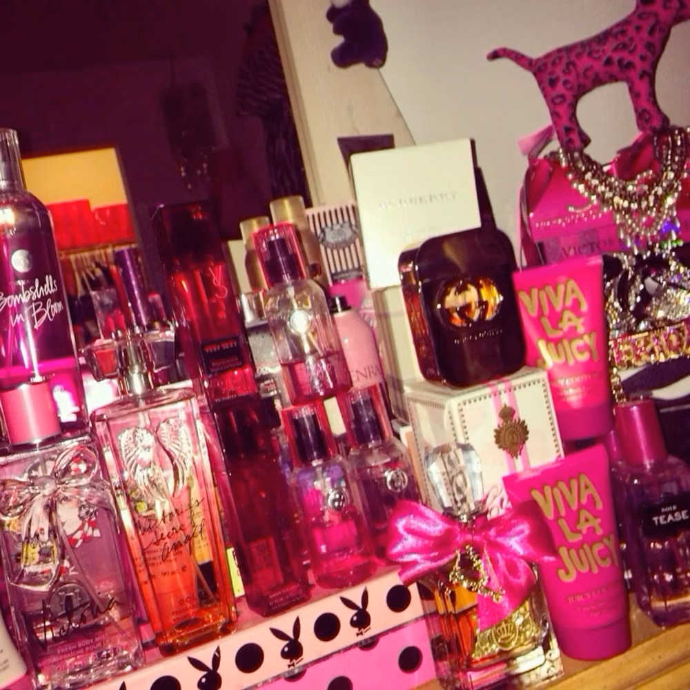 McBling aesthetic - y2k, mcbling, trashy y2k, 2000s, rhinestone, leapord print, juciy couture, track suit, hot pink, ed hardy #victoriasecretpink #y2k #2000s perfume