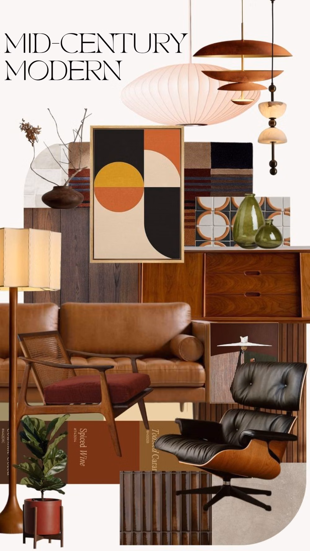 Mid-Century Modern aesthetic - A curated mid-century modern mood board featuring warm wood tones, organic textures, iconic furniture, earthy colors, and timeless design elements. Perfect inspiration for interior design, home decor, modern living spaces, and creative projects.