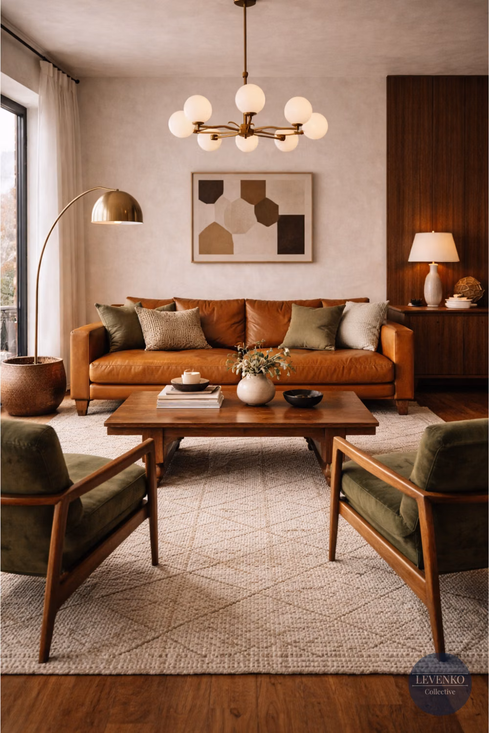 Mid-Century Modern aesthetic - Clean lines meet rich warmth ✨ This luxury mid-century modern living room features iconic shapes, warm woods, and sculptural lighting for a bold yet inviting space. Save this for mid-century living room inspiration. #midcenturymodern #luxuryinteriors #livingroomstyle