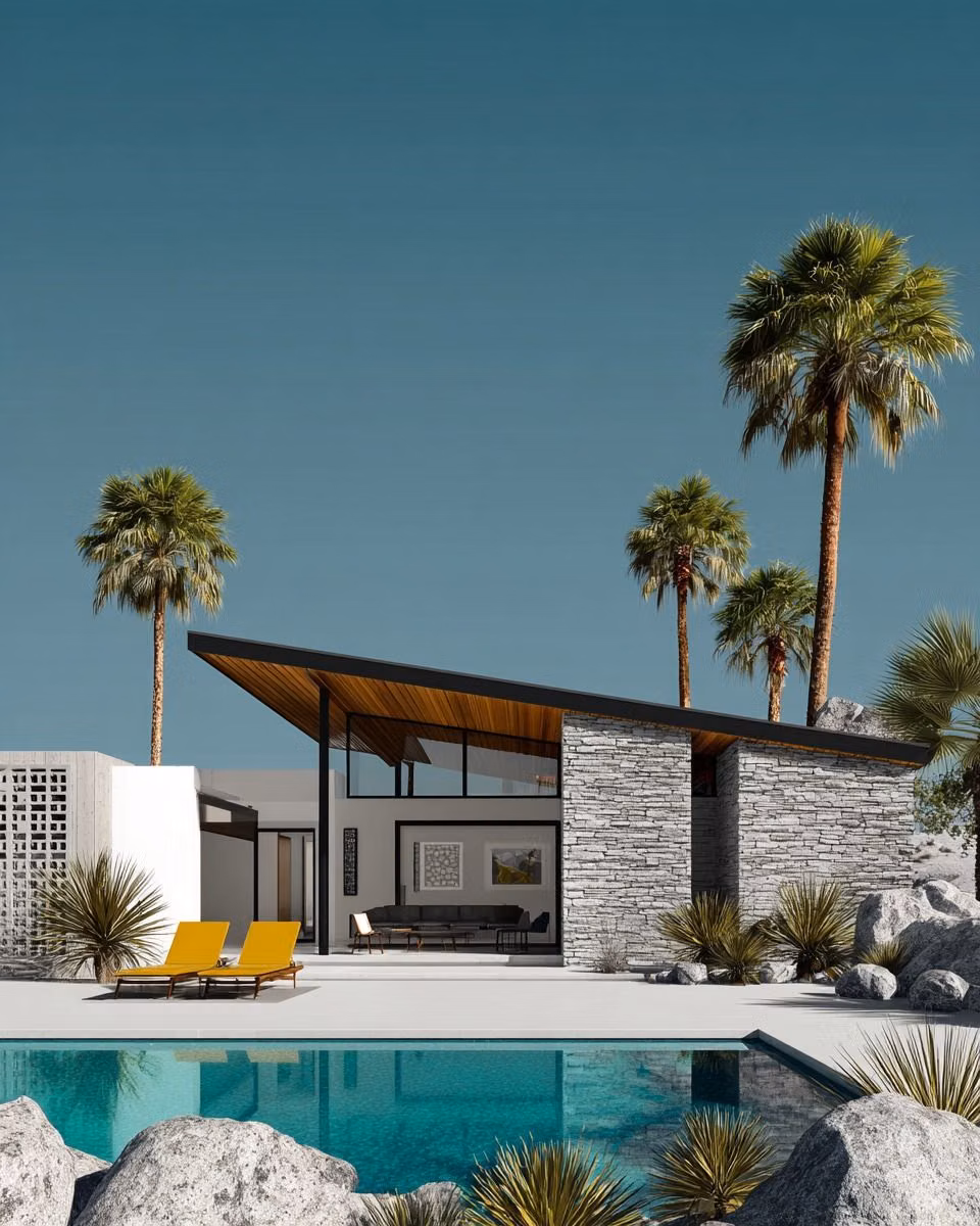 Palm Springs modernist house exterior photograph - Discover stunning house exterior design ideas! #HouseDesigns #ModernExterior #ExteriorTrends #OutdoorDesignInspo #ArchitecturalInspiration #LuxuryHome #BeautifulDesign #House #HouseExterior