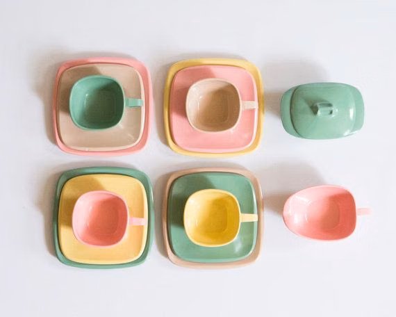 1950s ceramic tableware studio photograph - Vintage 1950s Harmony House Melmac Pastel Tea by lastprizevintage