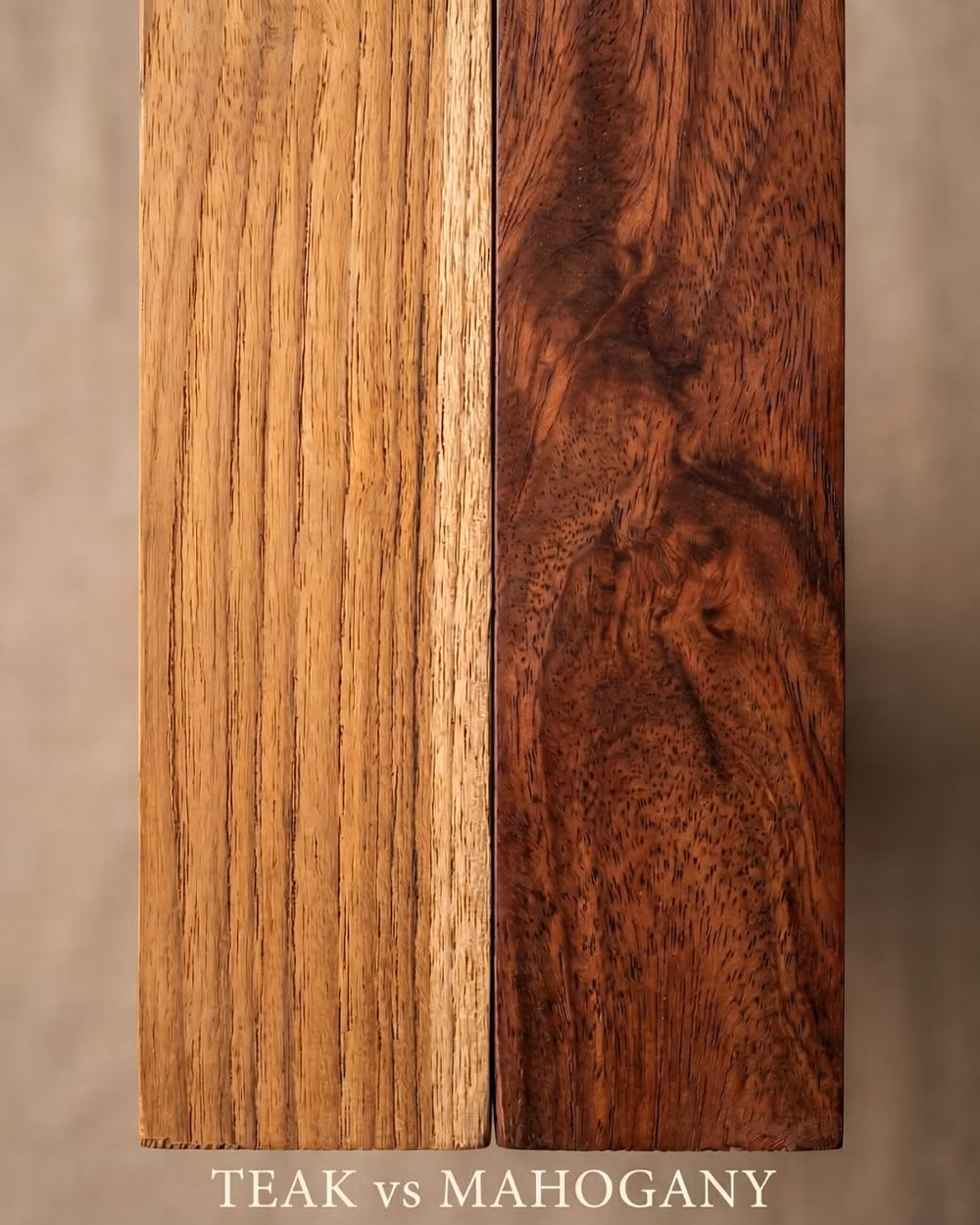 teak wood furniture grain close up photograph - Real hardwood is never identical. Teak and mahogany may both belong to the world of fine furniture, but their character is written differently by nature itself. Teak: warm, steady, golden, and calm in its grain. Mahogany: deep, flowing, and richly expressive in its movement. Understanding wood is the first step to understanding craftsmanship. Which grain do you connect with more? #TeakTheory #TeakWood #Mahogany #SolidWoodFurniture #LuxuryInteriors