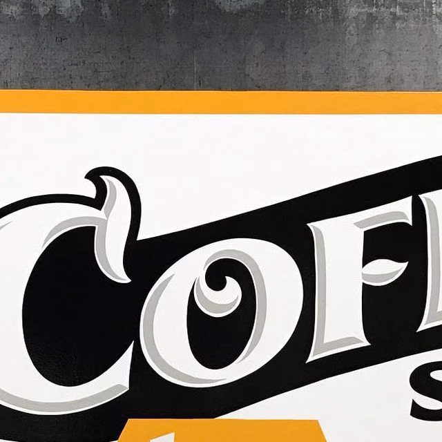 bold black outline hand painted sign photograph - Tanner Frady on Instagram: "Shipped this 5’x3’ double sided MDO sign that I designed and painted to Albuquerque, NM for @porvidatattoo505’s new coffee shop. Opening soon! ☕️ . . . #coffee #coffeesign #coffeeshopsigns #signpainter #alwayshandpaint #handpaintedsign #handpaintedsigns"