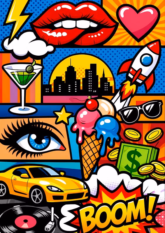Pop Art aesthetic - "Boom Pop Art Rétro Collage" poster de IRGIAN FIRMANSYAH. Cette affiche est une explosion totale d’ambiances pop culture. Sérieusement, c’est un kaléidoscope de couleurs vives et de motifs ludiques — pensez à un mélange de bande dessinée rétro et d’insolence moderne. Vous avez tout, d’une fusée qui décolle vers la ligne d’horizon à ces lèvres pulpeuses qui crient tout simplement l’amusement. Et, oh, ce cornet de glace ? C’est débordant de nostalgie. Le cocktail et l’argent ? De l’énergie pure de fête. Alors, si vous cherchez à ajouter une touche originale à votre espace, cette affiche est votre ticket pour un monde vibrant et ludique. Attrape-le et laisse les bons moments s’installer