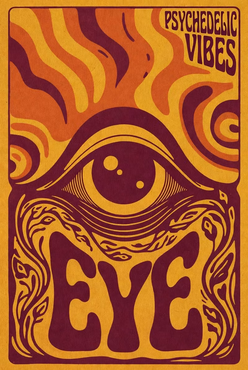 Psychedelic Design aesthetic - psychedelic eye, psychedelic poster, retro poster, trippy art, abstract eye, surreal illustration, visionary art, psychedelic design, retro aesthetic, vintage style, colorful background, vibrant colors, 70s style, groovy design, hippie aesthetic, psychedelic waves, abstract shapes, bold colors, funky poster, pop art style, graphic illustration, artistic poster, retro graphic, psychedelic aesthetic, mind concept, vision concept, eye symbol, spiritual symbol, trippy background, surreal design, colorful illustration, abstract poster, vintage texture, retro graphic design, creative poster, psychedelic vibe, bold illustration, artistic design, abstract waves, modern retro, aesthetic poster, funky illustration, graphic art, eye illustration, dream concept, visionary poster ,Ai generative