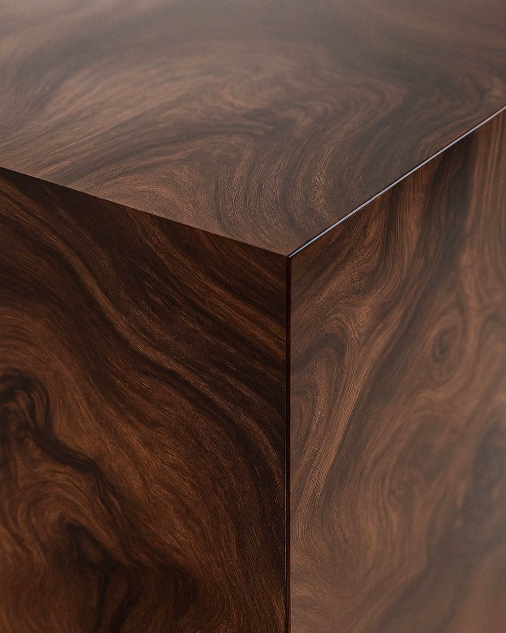 dark walnut wood grain luxury close up - There’s a quiet moment when form begins to flow — where wood softens into metal, and stillness meets movement. That’s where NOKKEN was born.  Crafted from satin-finished walnut burl, its swirling patterns echo the calm rhythm of nature. The sculptural copper base mirrors that movement in molten form, grounding the piece with warmth and reflection. Hidden push-to-open, soft-close doors reveal adjustable internal shelving, balancing beauty with function.  Fully customizable in dimensions, wood,...