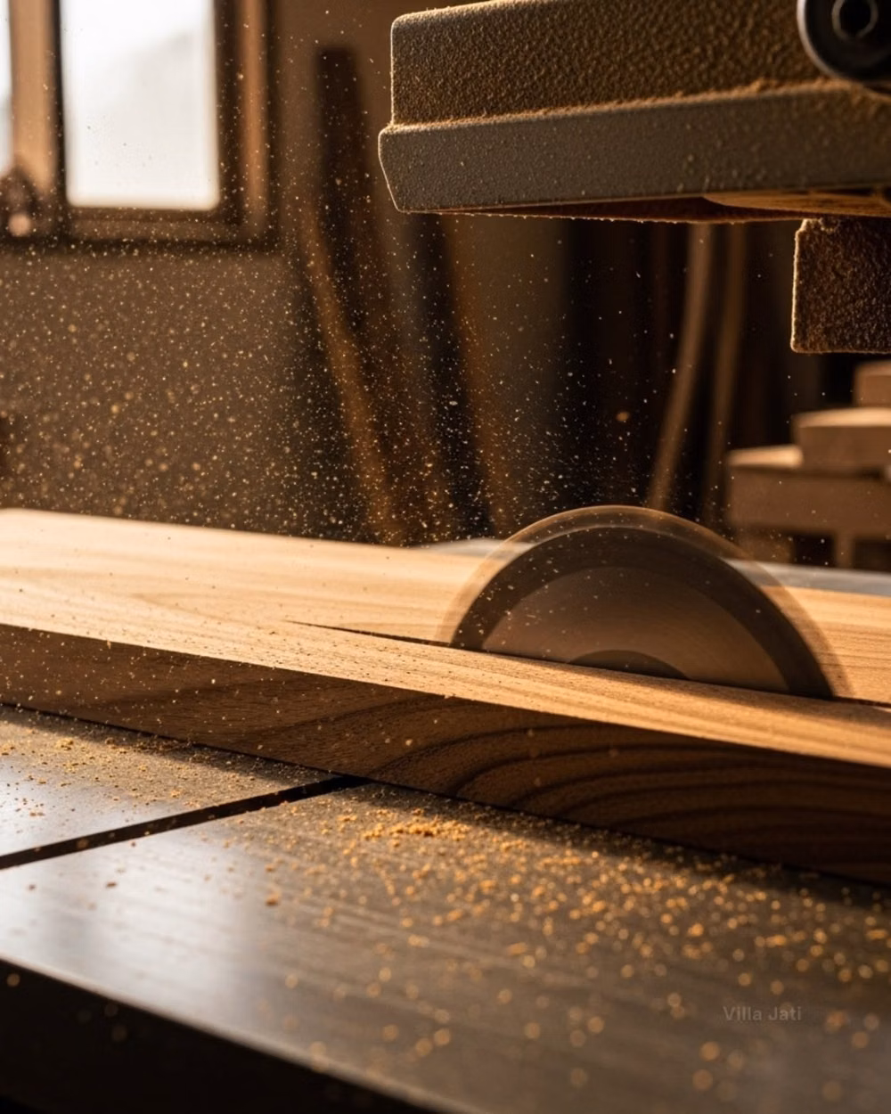 hand planed timber tool marks close up - Precision begins long before the final form appears.  Every cut, every surface, every joint is shaped with control and intent. This stage defines the strength, accuracy, and longevity of the piece — unseen, yet essential.  Craftsmanship is not a moment. It is a discipline.  Discover the essence of enduring craftsmanship.  Villa Jati Furniture Handcrafted Teak Authentic Carpentry