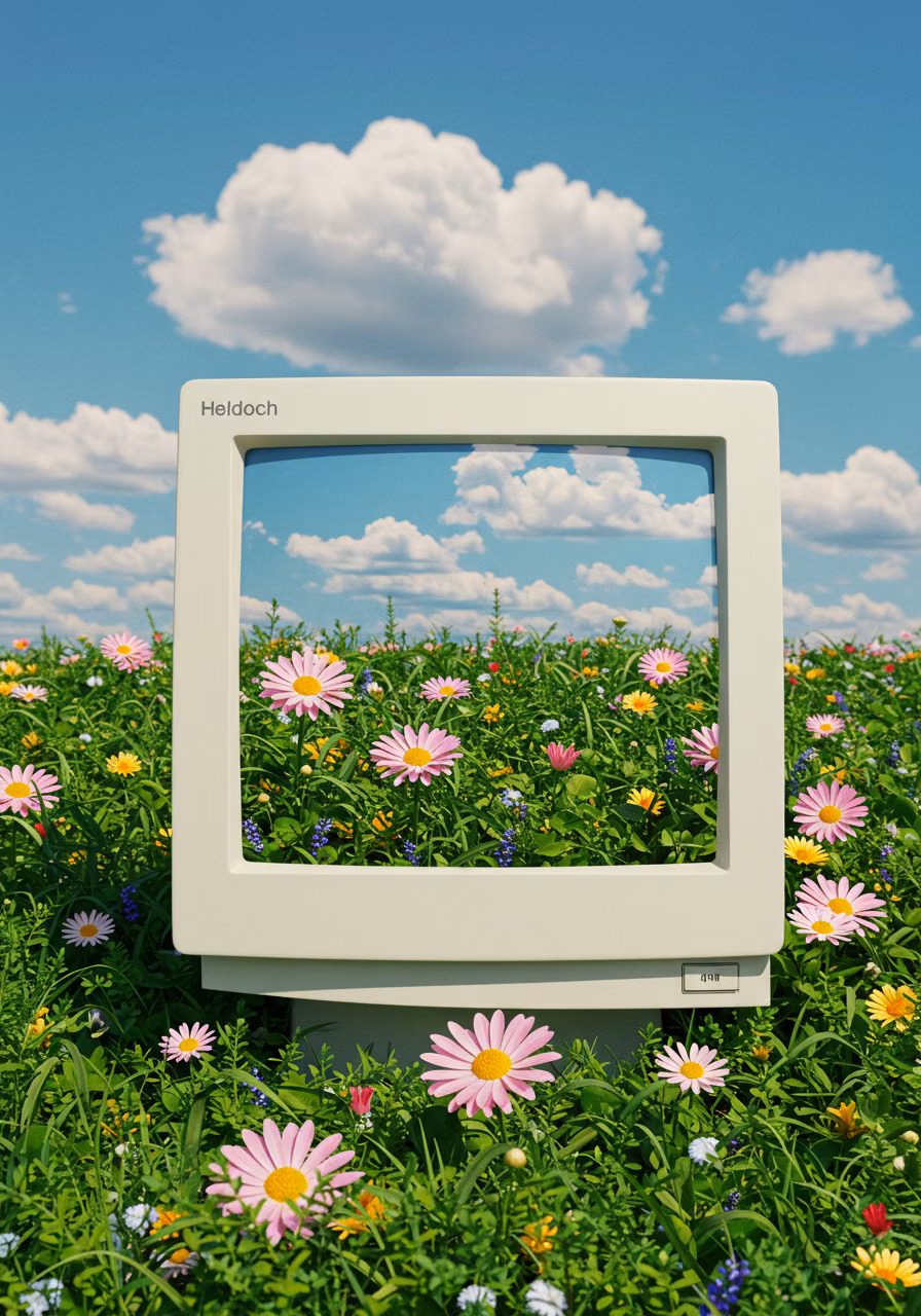 Retro Computing aesthetic - Vintage screen showcases a serene meadow vista in digital hues.