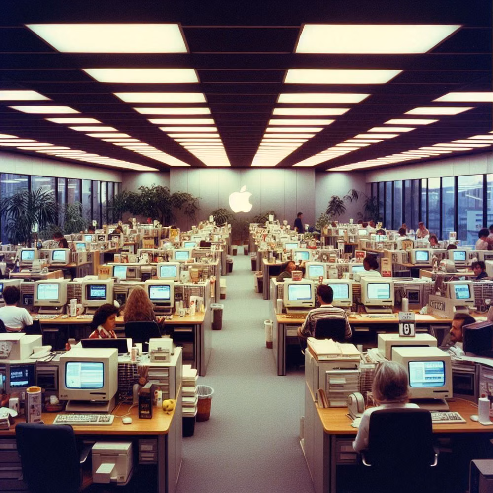 1980s beige CRT desktop computer museum photograph - 35mm photo of Apple's inc office, 80s photo vibes, 1980s photo made inside if apple's office
