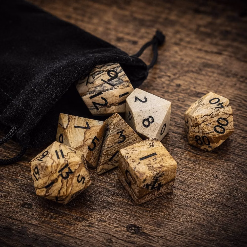 polyhedral tabletop dice wooden table photograph - Natural Wood Grain Stone Dice Set of 7 for DND RPG Table-top Board Game Gift The Natural Wood Grain Stone Dice Set is a collection of polyhedral dice used for tabletop games and other activities. Each die in the set is made from a type of stone that exhibits a natural wood grain pattern. This unique pattern is created by the mineral deposits and striations within the stone, which form lines and swirls reminiscent of tree rings. The Natural Wood Grain Stone Dice Set is a beautiful and distinctive choice for gamers and collectors. The set included - D%, D4, D6, D8, D10, D12, D20, - One dice bag - A gift box The weight of dice set is about 67g *Please note, as the dice are cut from real world stone, each is different, the actual dice may vary slightly in colour and pattern from those pictured