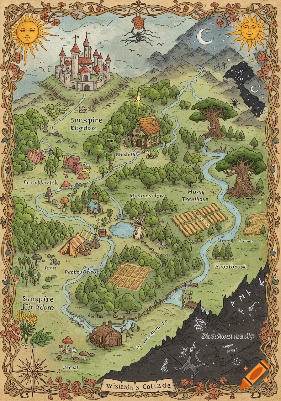 hand drawn fantasy map parchment photograph - Map of Eldoria a Realm of Enchantment, Adventure, Forest, River, City, and Mountains created on Craiyon