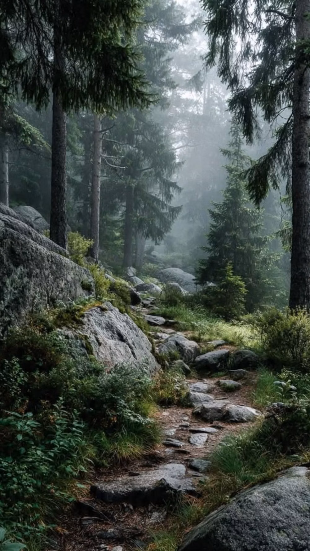 misty ancient forest path photograph - 