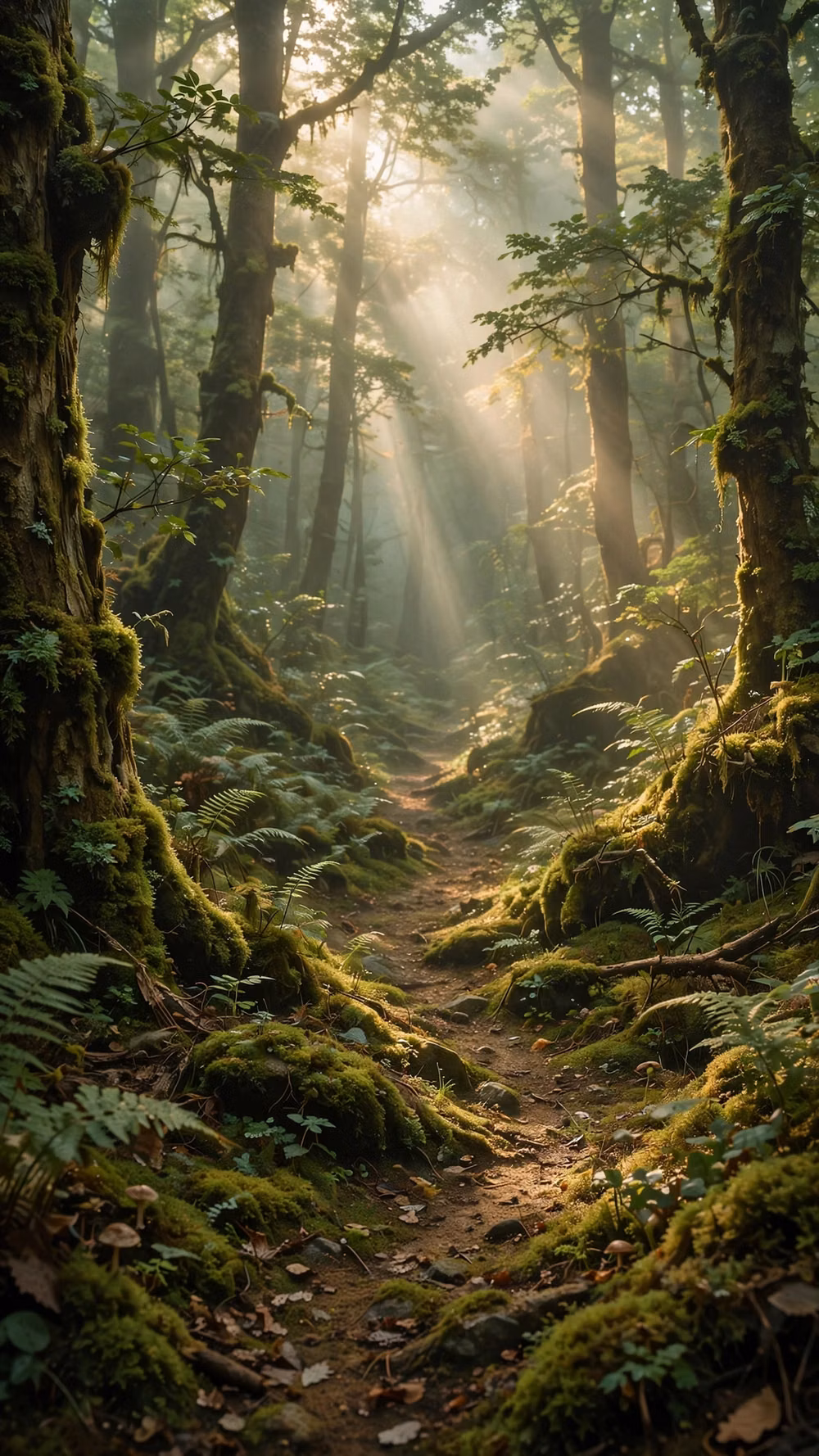 misty ancient forest path photograph - 