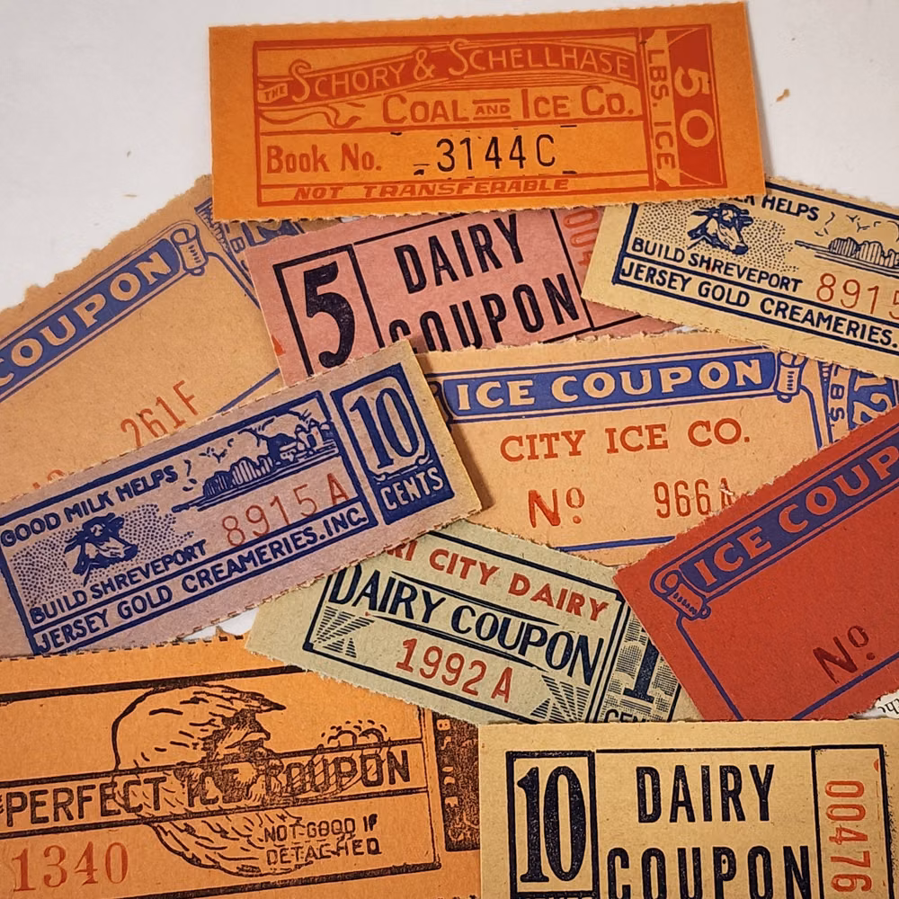 vintage ticket stubs collection overhead photograph - A diverse set of old-fashioned coupons featuring vibrant colors and classic designs. Includes vintage train tickets, dairy coupons, and ephemera elements suitable for junk journals and craft projects. The assortment also contains printable labels, ticket stubs, and pattern imagery like a crochet turtle, offering a nostalgic touch for collectors and crafters alike.
