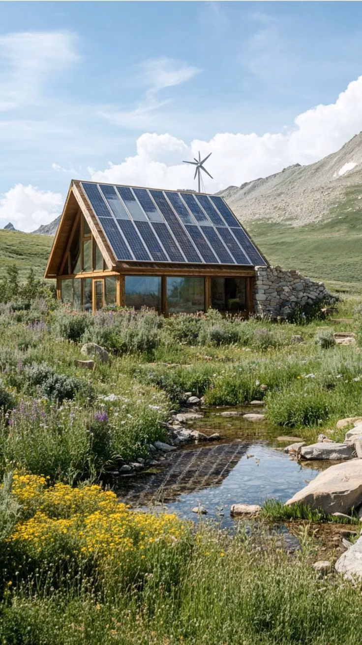 Solarpunk aesthetic - A stunning off-grid cabin powered by rooftop solar panels and a small wind turbine, surrounded by wildflowers and mountain scenery. This image captures the beauty of renewable energy, eco-friendly architecture, and self-sufficient living in harmony with nature.