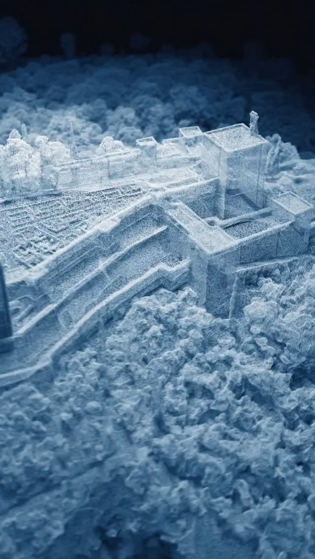 3D scanner point cloud building visualization - The Alhambra captured as data. A 3D point cloud exploration where architecture is stripped of surface and reduced to structure, scale, and spatial rhythm. Not a reconstruction, but an interpretation of heritage through raw geometry.