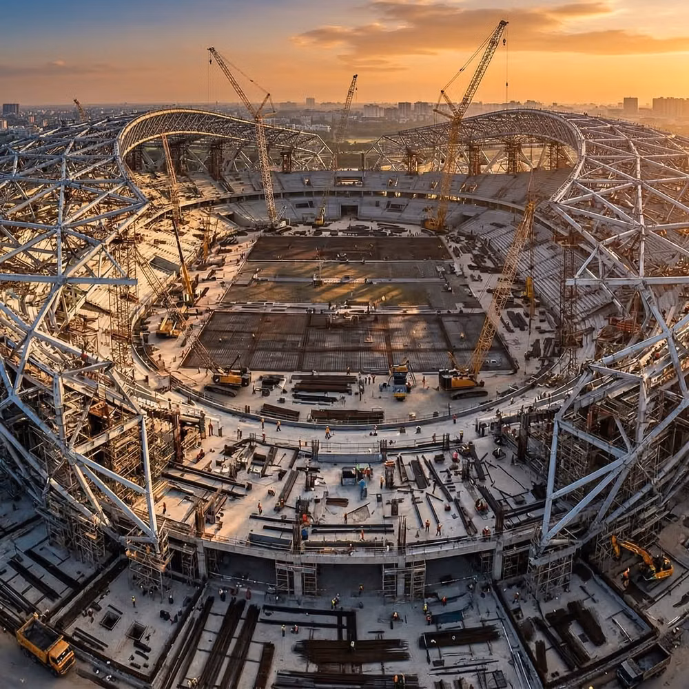 raw concrete stadium structure photograph - Nature’s architecture, half-formed. 🏗️📐 It looks like a puzzle on a massive scale. The complexity of modern engineering is staggering. How many years do you think this stadium took to build? 🤯🏟️ #ConstructionPOV #StadiumDesign #Architecture #AerialPhotography #Heights