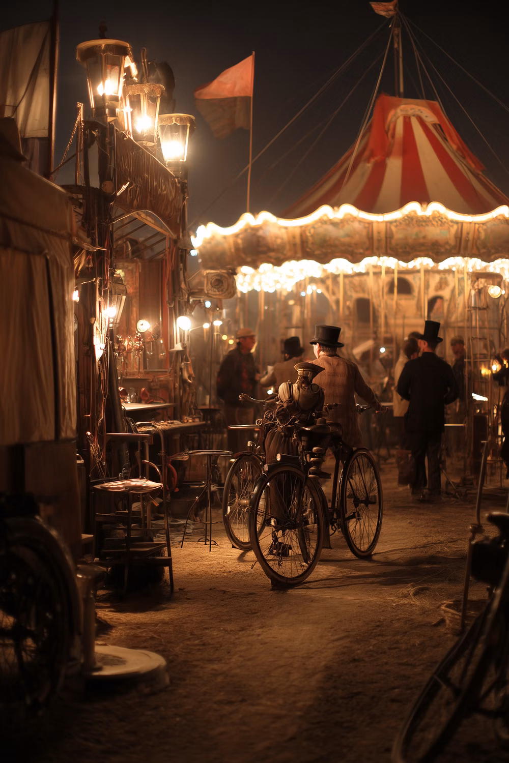 Steampunk aesthetic - Step into a dreamlike world with this enchanting steampunk carnival scene—a richly detailed glimpse into a vintage fairground lit by glowing lanterns and powered by imagination. Featuring dapper figures in Victorian-inspired attire, retro bicycles, and a glowing carousel under a striped tent, this image is perfect for lovers of dark academia aesthetics, steampunk art, and whimsical gothic carnival vibes. Ideal for fantasy inspiration, mood boards, or steampunk-themed decor.