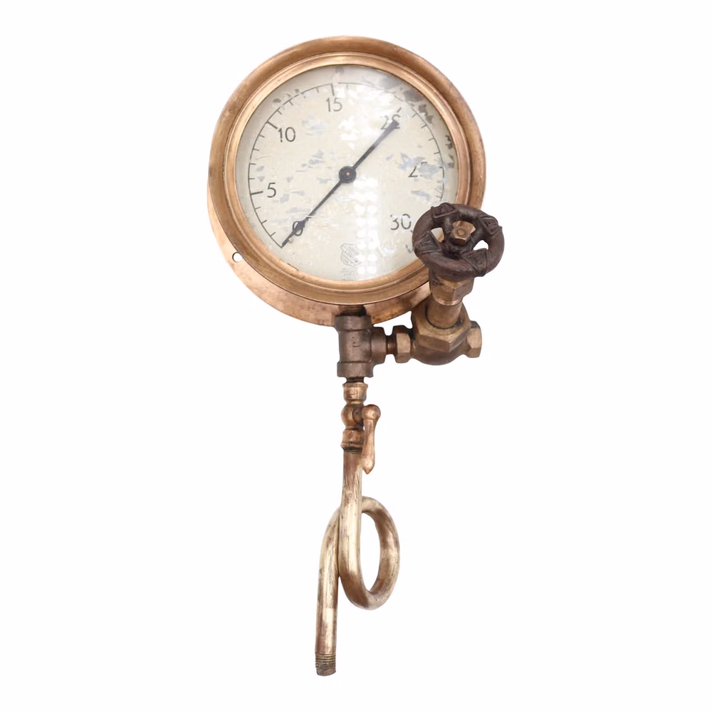 antique steam pressure gauge close up photograph - Antique pressure gauge made of solid brass with a cast iron hand wheel valve. Made by Ashcroft in Bridgeport, Conn. This gauge features a white face with black markings, measuring pressure in increments up to 30. Please refer to the pictures for a full view of the condition. The exact date of creation is unknown. The dimensions are Overall 16.25 in. L x 7.75 in. W x 5.25 in. D, meter 7.75 in. diameter. This weighs 8 lb. Working conditon unknown.