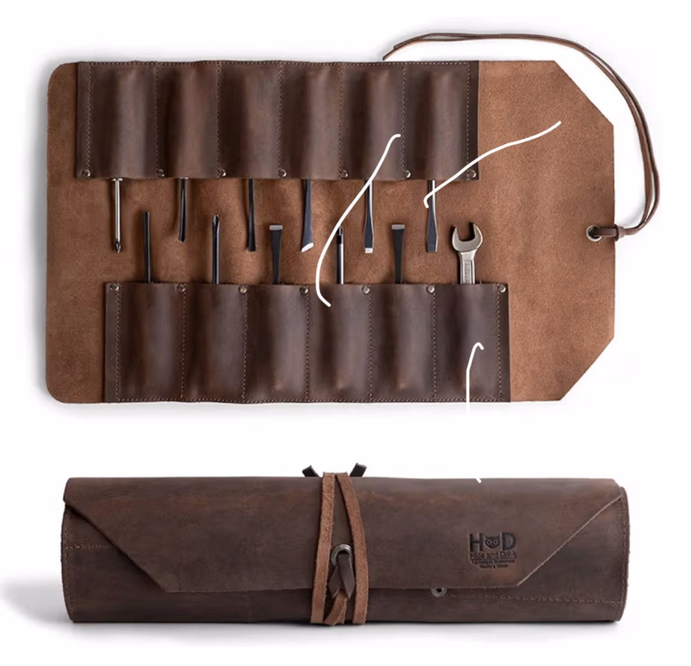 vintage leather tool roll photograph -