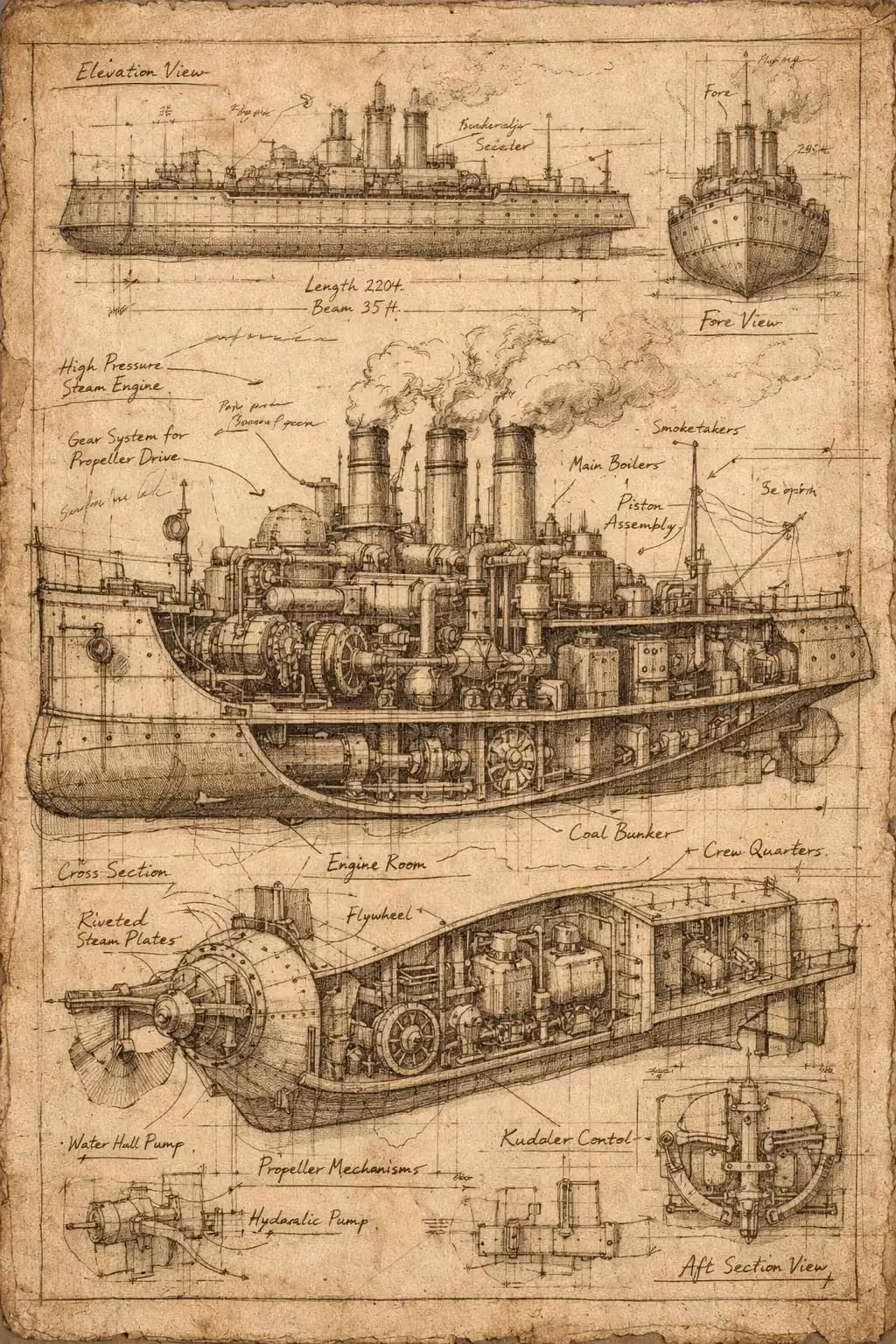 Victorian airship engraving antique paper -