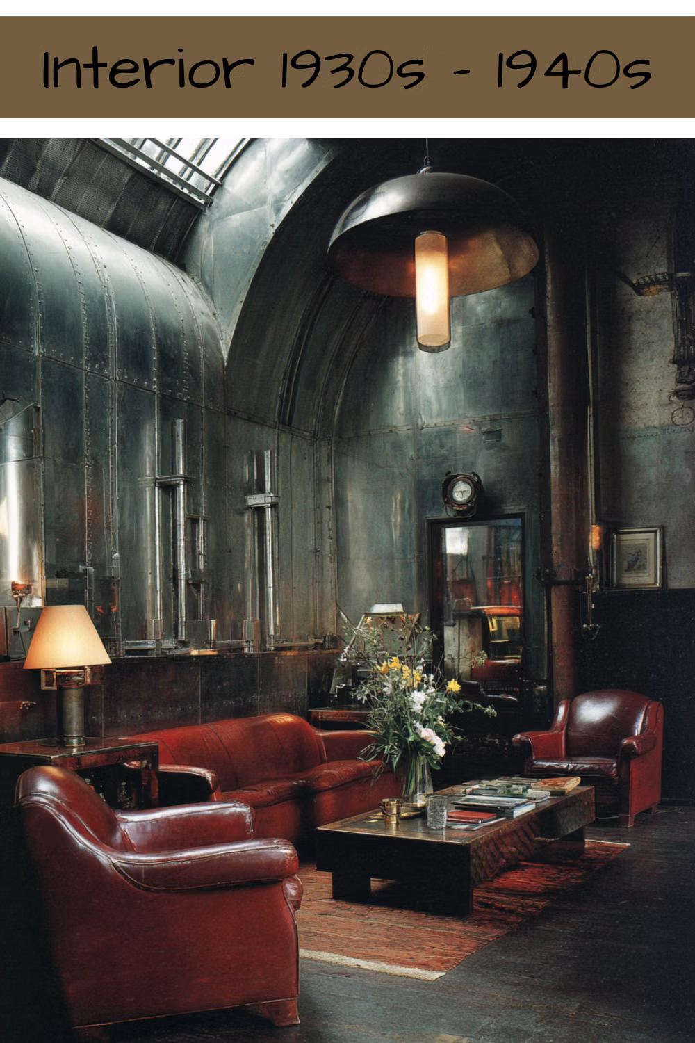 Streamline Moderne aesthetic - Step back in time with this breathtaking 1930s-inspired interior. Featuring curved metal walls reminiscent of vintage aircraft, deep oxblood leather seating, and dramatic industrial lighting. This is the ultimate inspiration for a sophisticated, moody living space.