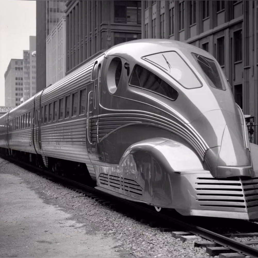 streamlined locomotive side view photograph - The 'Mercury' Streamliner, designed by renowned industrial designer Henry Dreyfuss for the New York Central Railroad, is often hailed as one of the most beautiful trains ever made. Introduced in the mid-1930s.