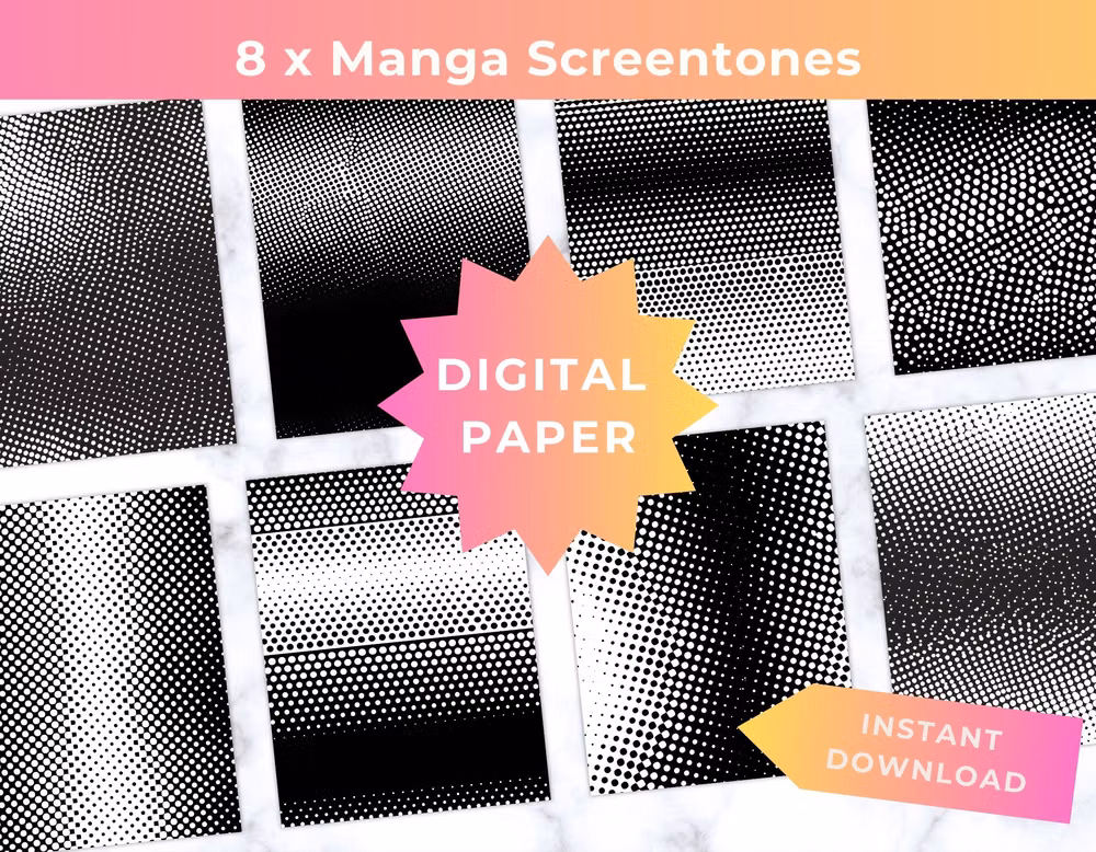 manga screentone dots paper close up - Novanture - Digital Assets for Visionary Creators Build authentic comic and pop-art designs with this essential seamless pattern bundle. Featuring 8 high-resolution pure Manga Screentones and Halftone Dot variations. Whether you need subtle shading for digital illustrations or bold retro textures for graphic apparel, these seamless backgrounds are a must-have toolkit for Print-on-Demand (POD) creators, comic artists, and digital crafters. ⚠️ PLEASE NOTE: This is a Digital Download Only. WHAT YOU WILL RECEIVE: You will instantly receive 1 ZIP file containing: 8 High-Resolution Seamless Pattern Tiles Format: High-Quality JPG Size: 3072 x 3072 Pixels (High-Resolution 10x10 Inch Pattern at 300 DPI) COMMERCIAL USE & POD LICENSE INCLUDED: YES, you can use these patterns for commercial purposes!