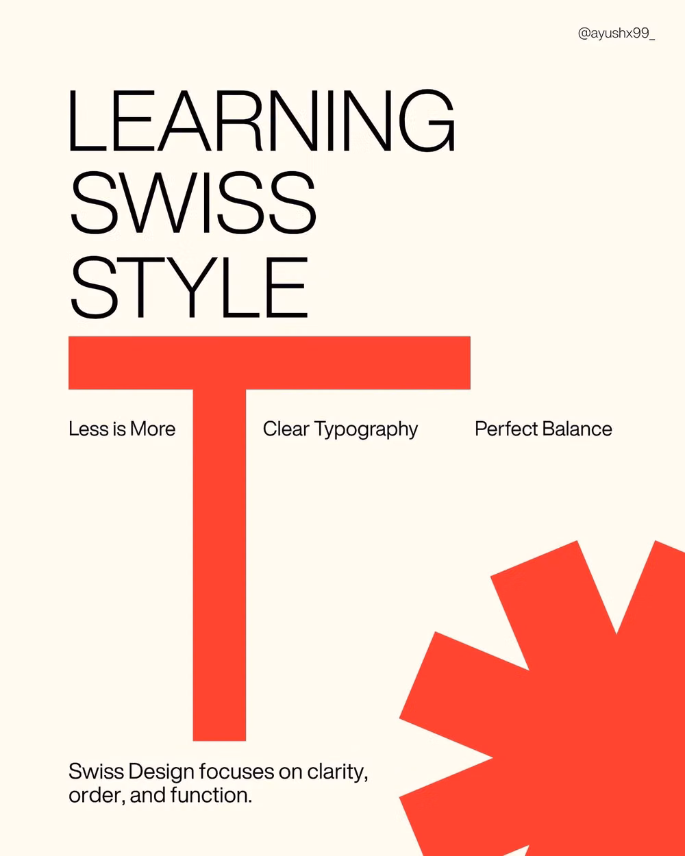 Swiss Style aesthetic - Learning Swiss Style design. Designed - @ayushx99_ Swiss Design — also called the Swiss Style or International Typographic Style — began in Switzerland during the 1940s and 1950s. It’s a clean, structured approach to design that focuses on clarity and simplicity. Over time, it became one of the most influential styles in modern graphic design, shaping how designers think about layout, typography, and visual communication even today. #graphicdesign #photoshop #graphicdesigner #canva #swissde...