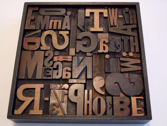 metal letterpress alphabet type blocks in printer tray photograph - Memory Blocks: Vintage Letterpress Montage by CoachHousePress