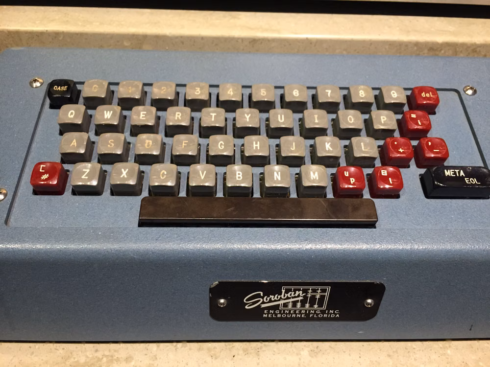 vintage computer terminal keyboard keys close up - Laboratory Instrument Computer (LINC), MIT 1962. Close up of the keyboard.