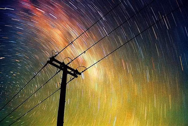 urban power lines night sky photograph - power cables, night sky, stars, night stars, colourful sky, long exposure